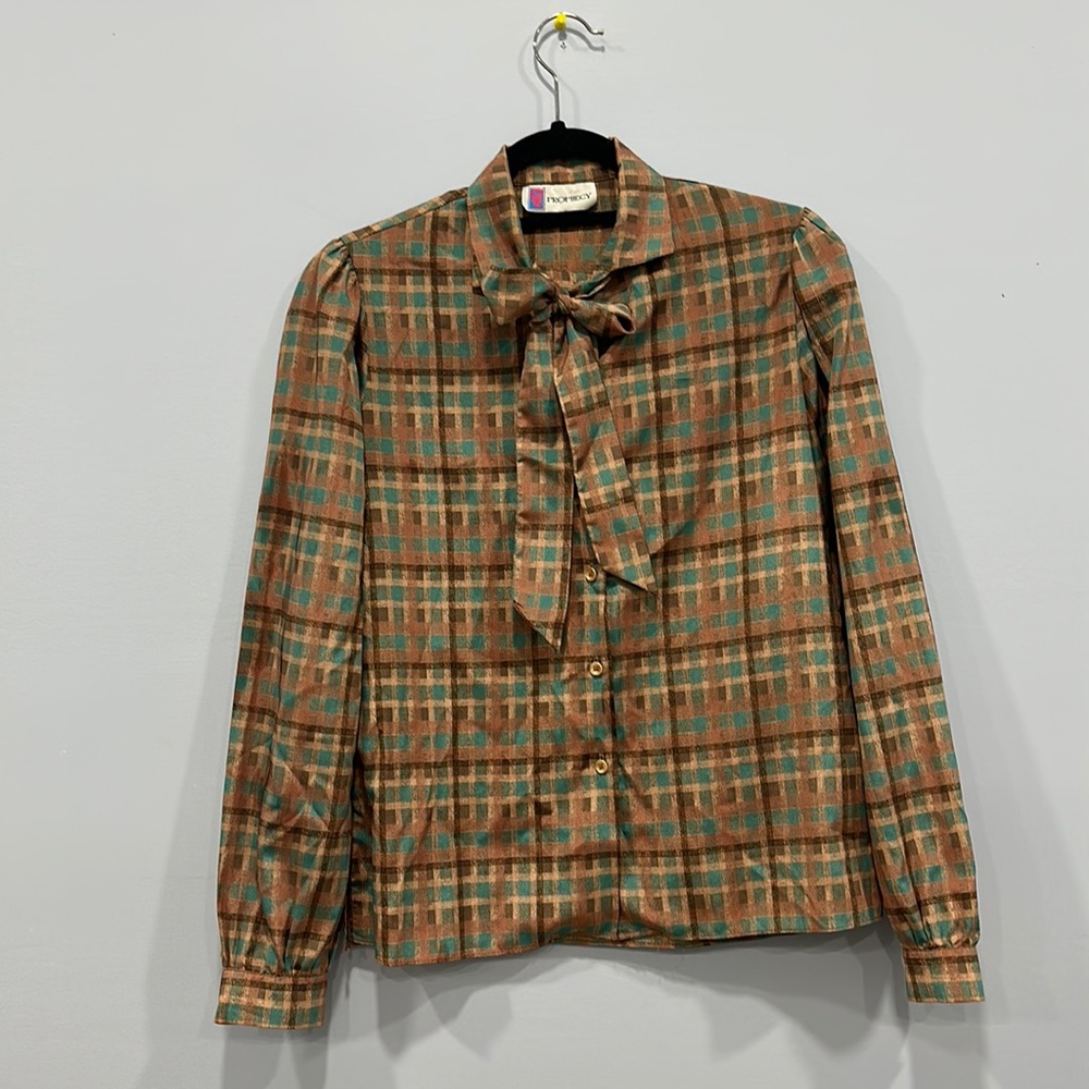Vintage 80s prophecy neck tie gingham blouse w pleated shoulders satin button up